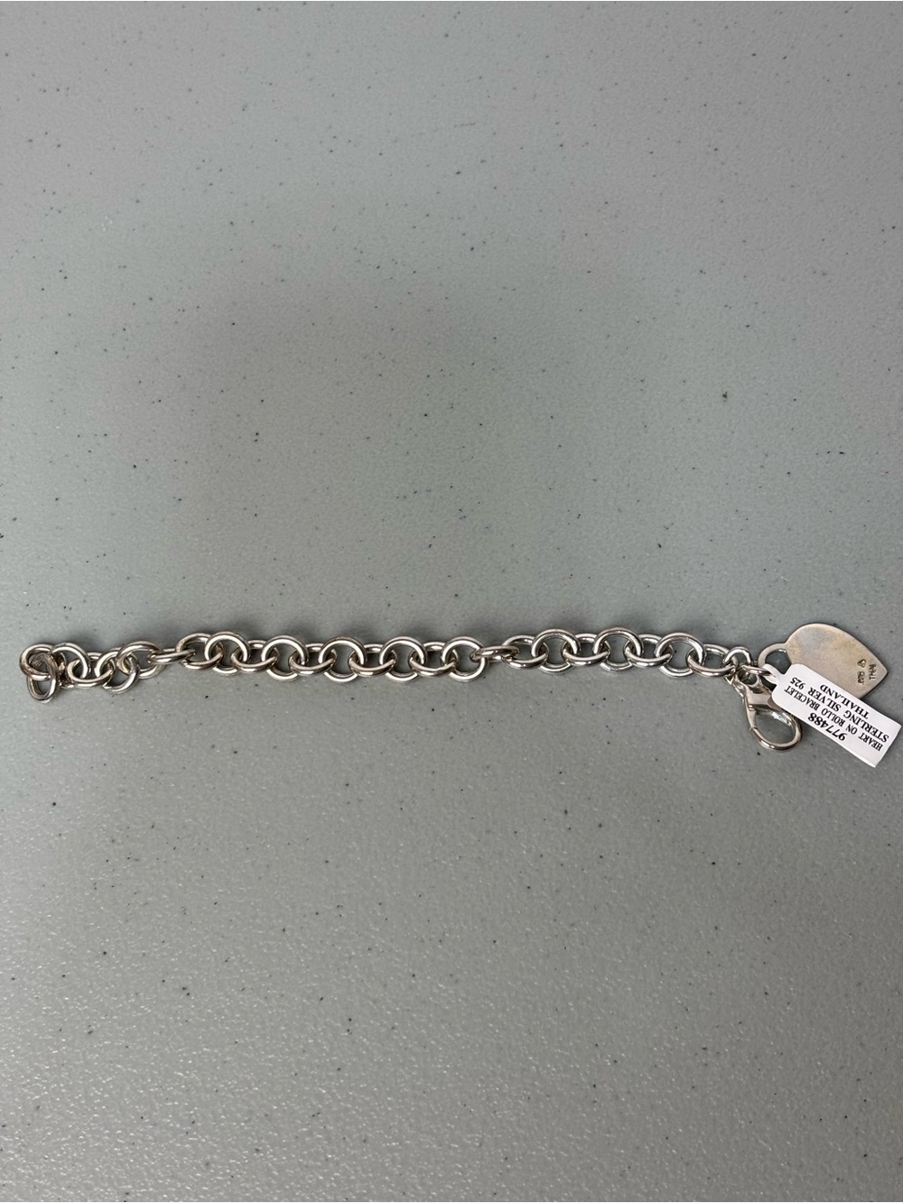 925 Sterling Silver Rolo Chain Heart Dangle Charm Bracelet 7in Lobster Signed